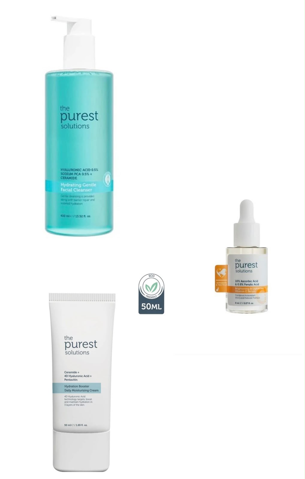 The Purest Solutions Hydrating Gentle Cleanser 400ml + Hydration Booster Daily Moisturizing Cream 50ml = TRAVEL SIZE VITAMIN C 8ML GIFT 