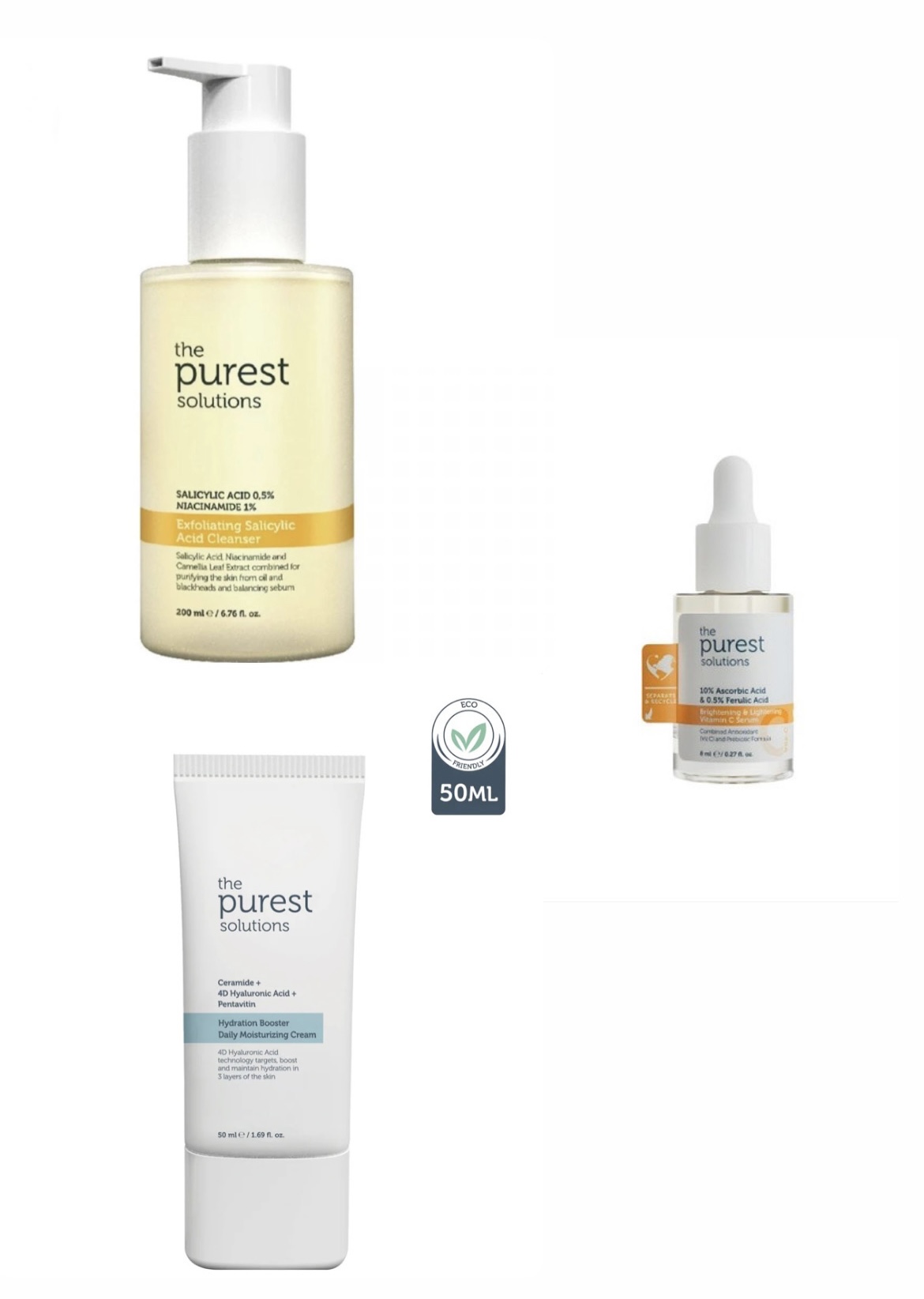 Exfoliating Salicylic Acid Cleanser 200ml + Hydration Booster Daily Moisturizing Cream 50ml = TRAVEL SIZE VIT C SERUM 8ML 