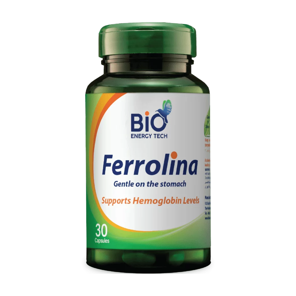 Ferrolina Iron with Spirulina Capsules | 27 mg Ferrous Bisglycinate + 340 mg Spirulina | Gentle on Stomach | 30 Capsules | Halal Certified