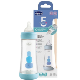 Chicco Perfect5 Blue Silicone Baby Bottle Slow Flow 4M+ 300ml