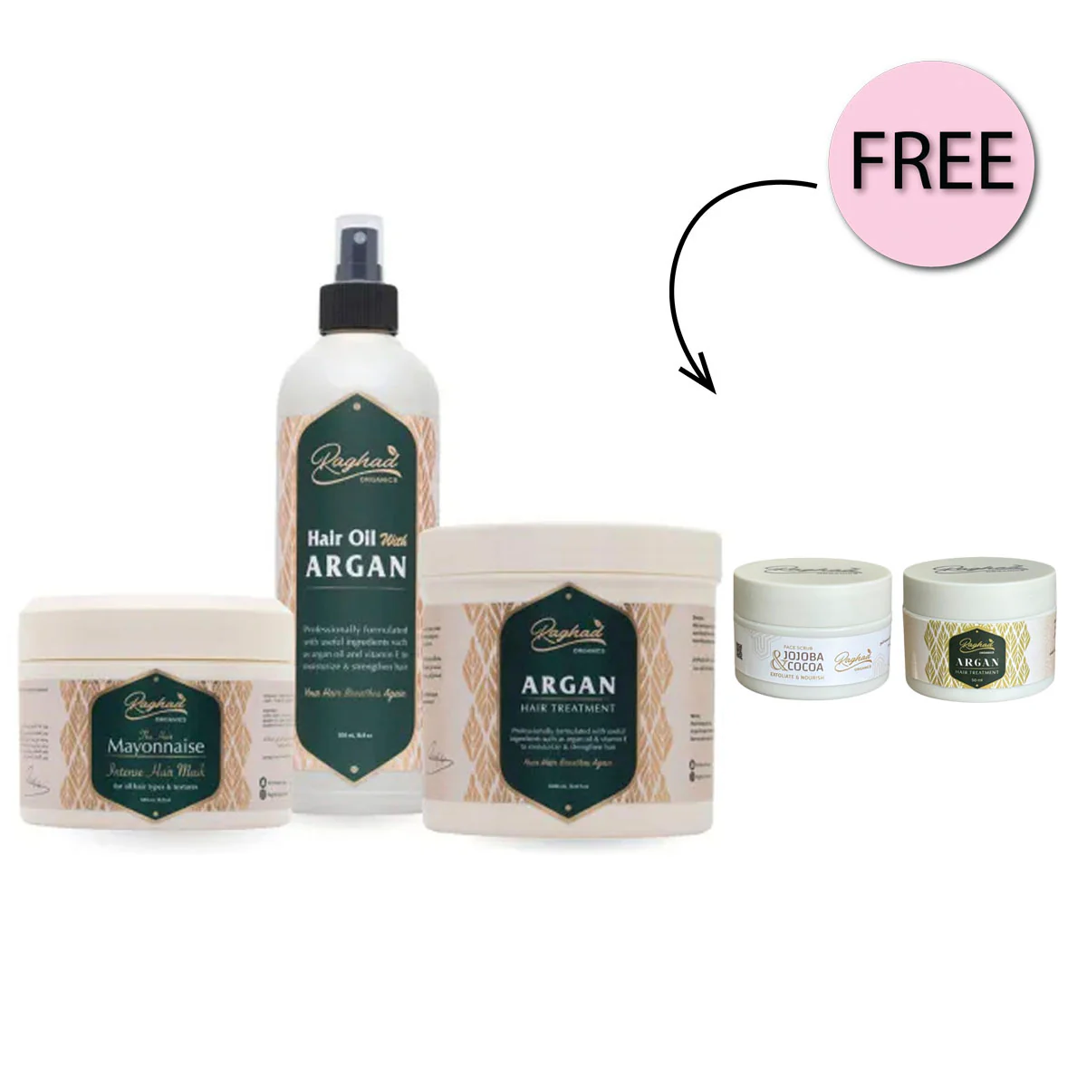 Raghad Organics Hair Package + Free Jojoba Scrub 30ml & Argan Treatment 50ml