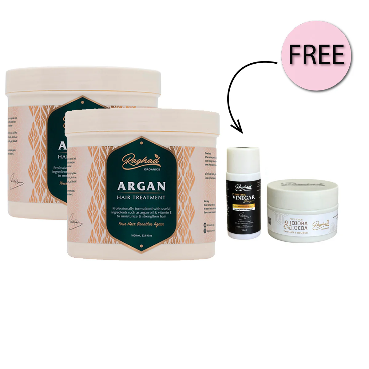 Raghad Organics Argan Hair Treatment 1000ml X2 + Free Vinger Shampoo 15ml + Free Jojoba 30ml