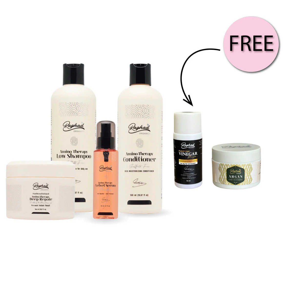 Raghad Organics Amino Therapy Package + Free Vinegar Shampoo 15ml & Argan Treatment 50ml