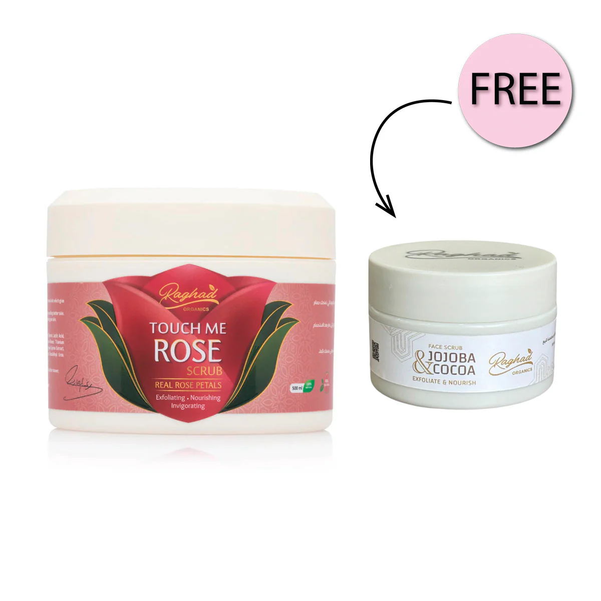 Raghad Organics Touch Me Rose Body Scrub 500ml + Free Jojoba & Cocoa Scrub 30ml